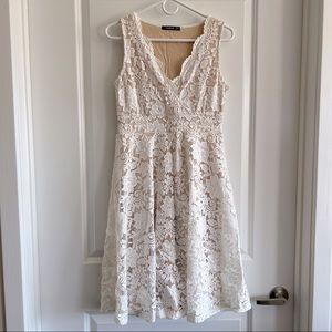 Floral Lace Overlay Fit and Flare Dress (Ivory and Beige)